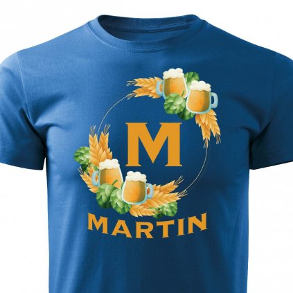 Pánské tričko Pivní věnec s monogramem a jménem Martin modré