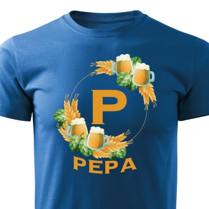Pánské tričko Pivní věnec s monogramem a jménem Pepa modré