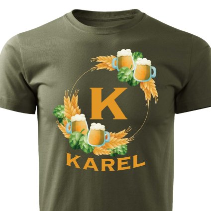 Pánské tričko Pivní věnec s monogramem a jménem Karel vojenské