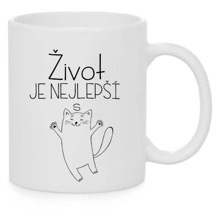 Hrnek Život je nejlepší s kočkou bílý