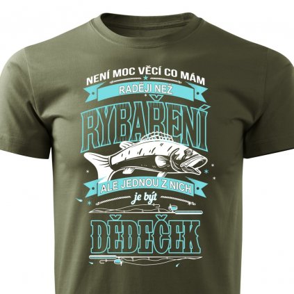 Pánské rybářské tričko Dědeček rybář - vojenské zelené