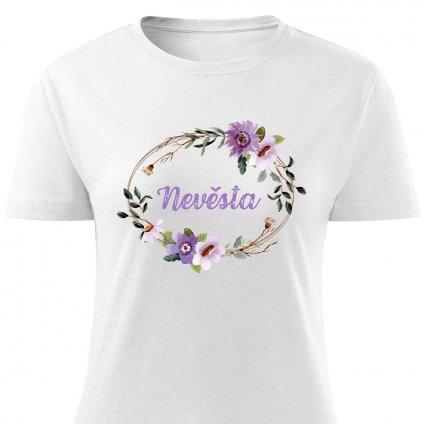Dámské tričko Nevěsta - oválný věneček fialový bílé