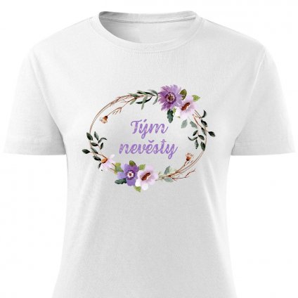 Dámské tričko Tým nevěsty  - oválný věneček fialový bílé