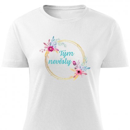 Dámské tričko Tým nevěsty - věneček růžovomodrý bílé