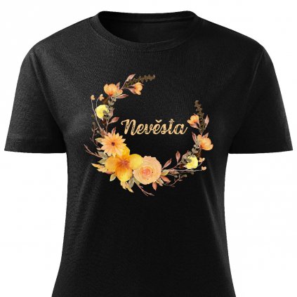 Dámské tričko Nevěsta - květiny žluté černé