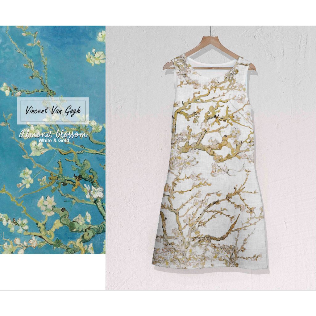 Šaty midi Vincent Van Gogh Almond Blossom - bílá edice
