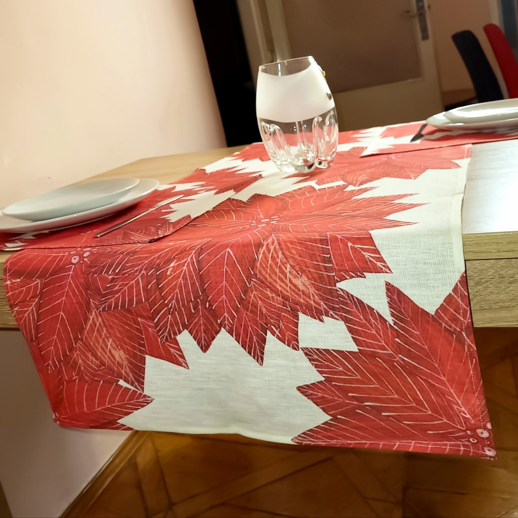 Lněný běhoun na stůl Vánoční hvězda/ Poinsettia | Len Butik