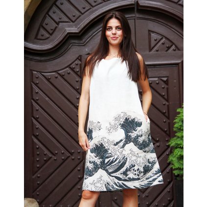 Šaty midi Katsusihka Hokusai Velká vlna / The Great Wave-bílá verze