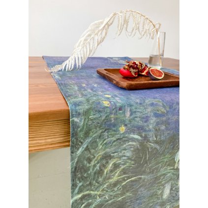 Lněný běhoun na stůl Claude Monet Lekníny / Lilies-modrá verze