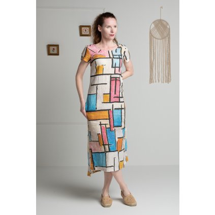 Šaty maxi 100% Len Piet Mondrian Kompozice v oválu s barevnými rovinami/Composition in Oval with Colour Planes Kr