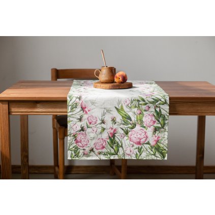 Běhoun na stůl 100% len Pivoňky/ Peonies