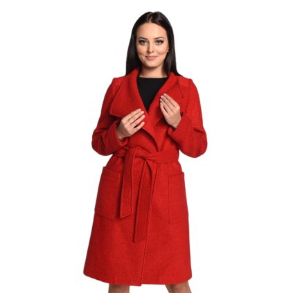 Bona dámský červený kabát z 100% vařené vlny, moderní volný střih, zavazování v pase