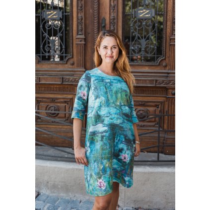 Šaty midi 100 % len Claude Monet Lekníny / Water Lilies Dl