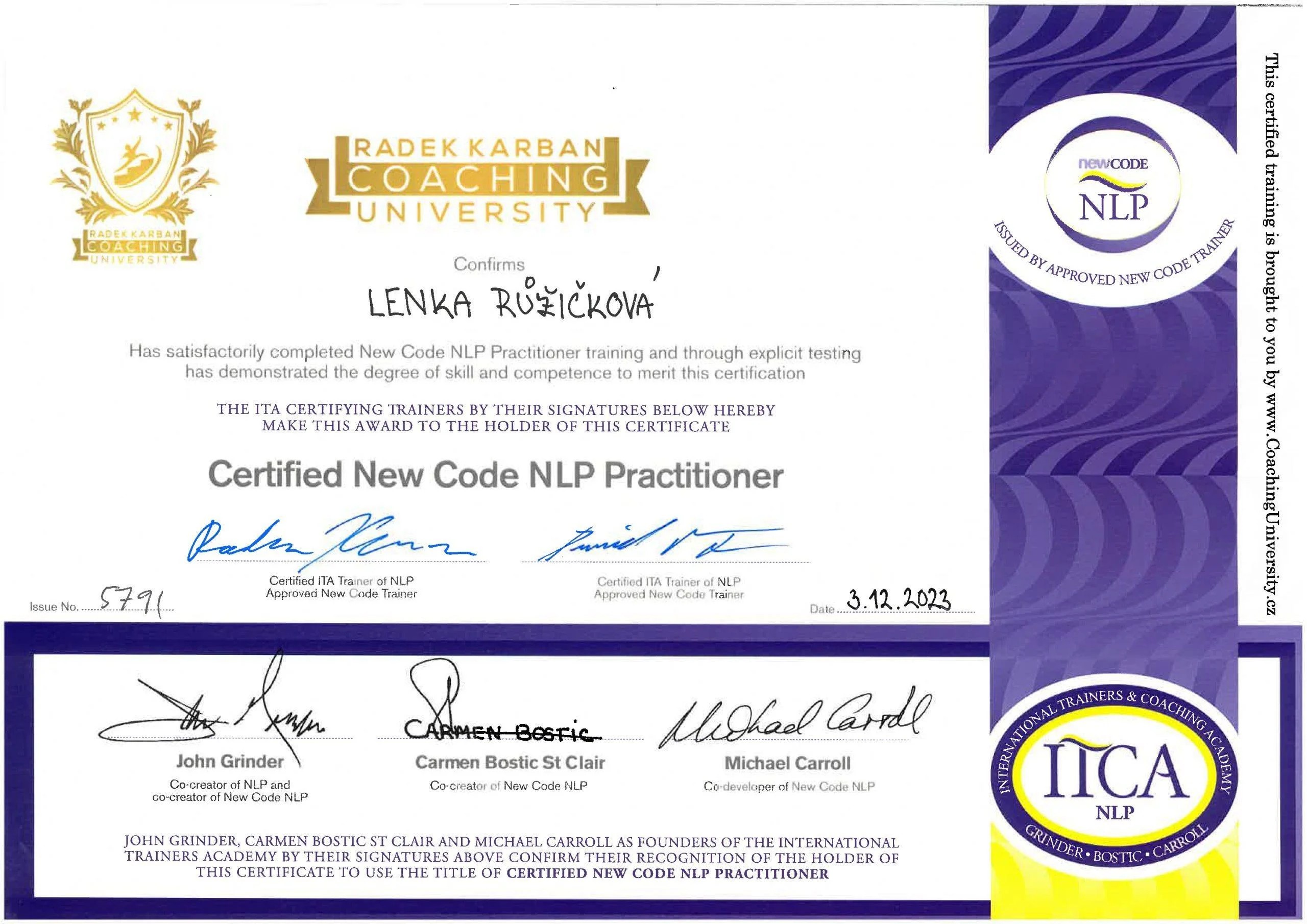 Certifikát NLP New Code