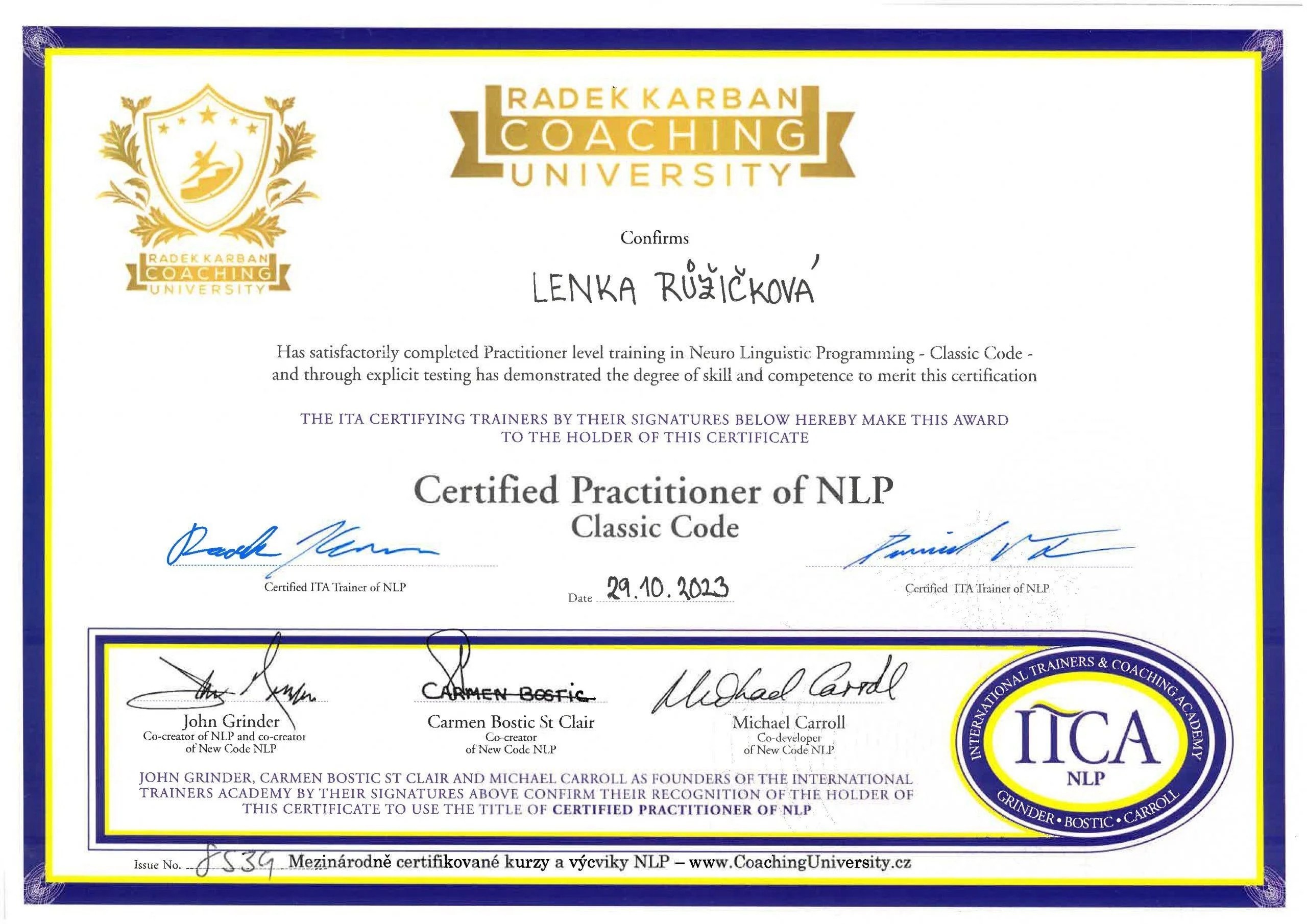 Certifikát NLP Practitioner