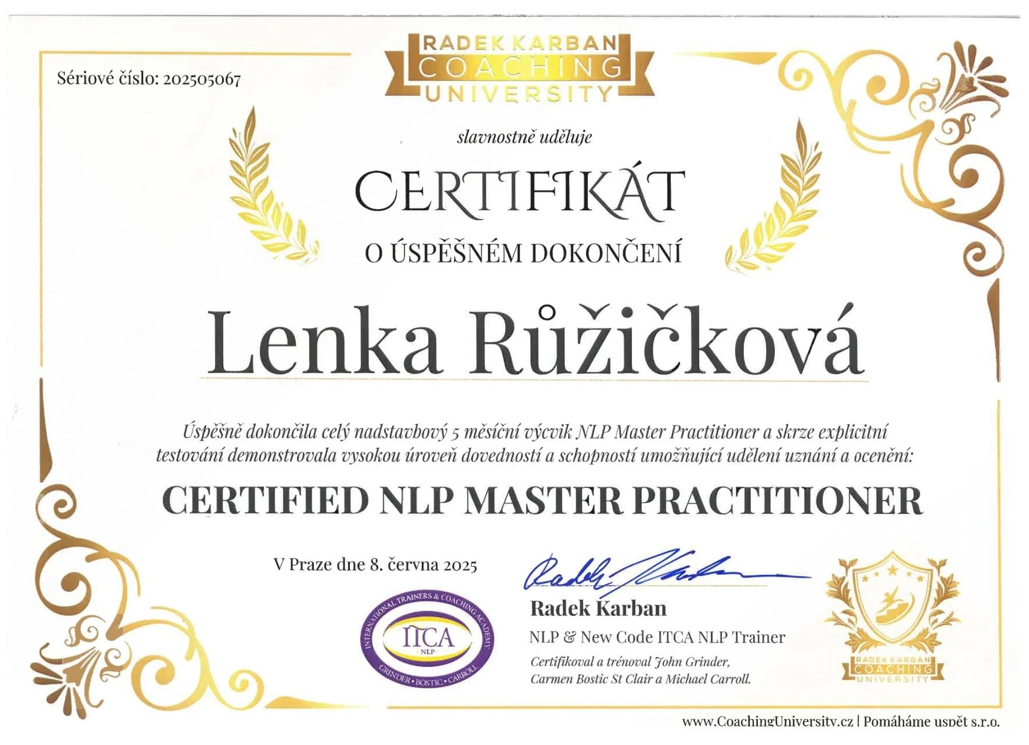 Certifikát Lenka Růžičková