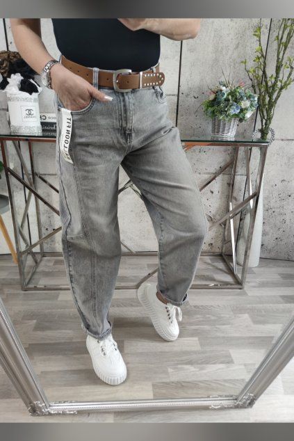 DŽÍNY BALLOON FIT GREY - s páskem