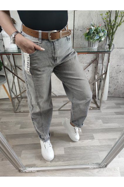 DŽÍNY BALLOON FIT GREY - s páskem
