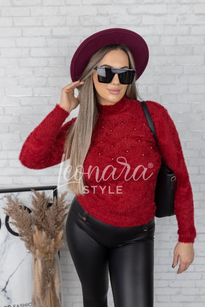 Vínový huňatý svetřík s perličkami CORAL