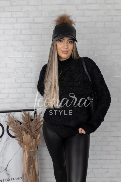 Černý huňatý svetřík s perličkami CORAL