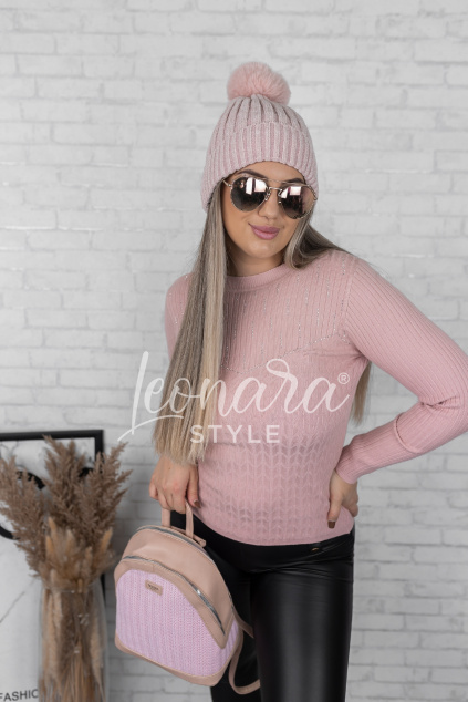 Světle růžový žebrovaný svetr s kamínky LILLY