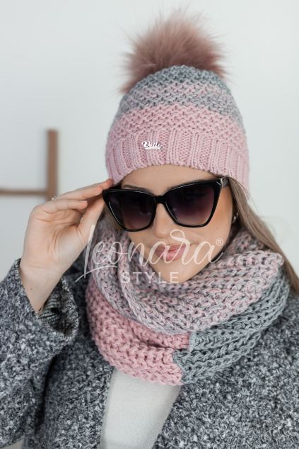 Růžovo-šedý set šály a čepice SCARLETT
