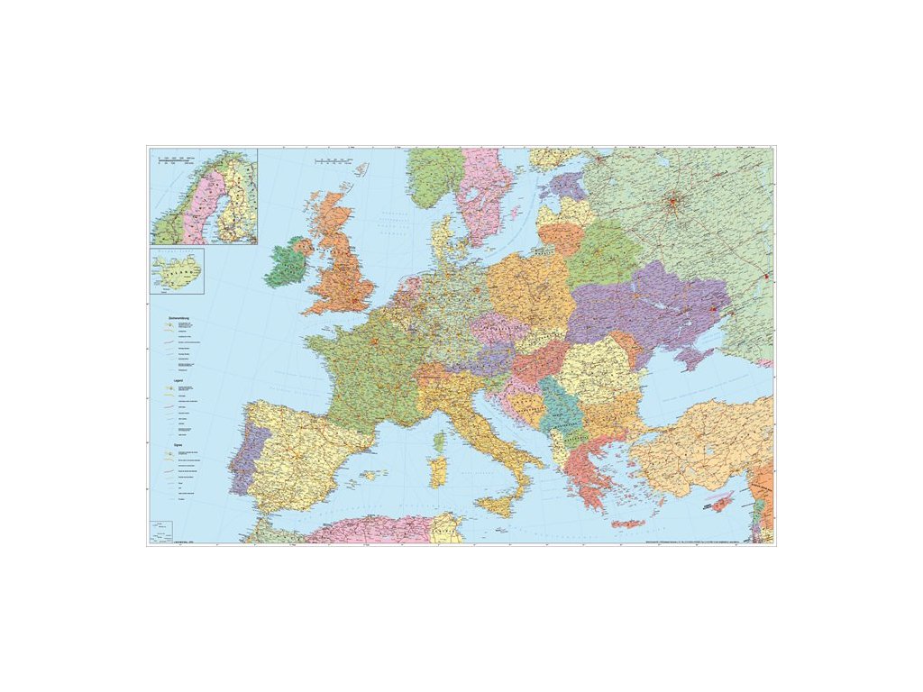 Nástenná mapa, 136x90 cm, kovová lišta, cestná mapa Európy, STIEFEL - výrobok v AJ a NJ