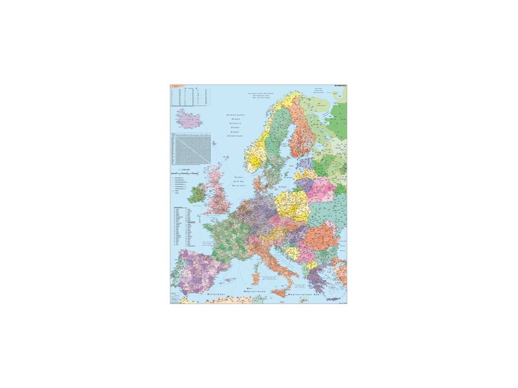 Nástenná mapa, 100x140 cm, kovová lišta, Európa, smerové čísla, STIEFEL - výrobok v AJ a NJ