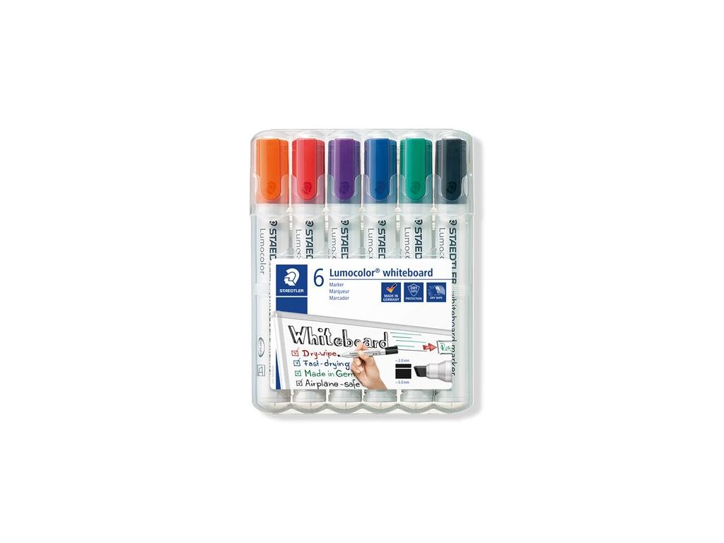 Popisovač na tabule, sada, 2-5 mm, zrezaný hror, STAEDTLER "Lumocolor 351 B", 6 rôznych farieb