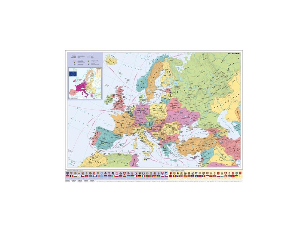 Nástenná mapa, 70x100cm, kovová lišta, Európske krajiny a Európska únia, STIEFEL- výrobok v MJ