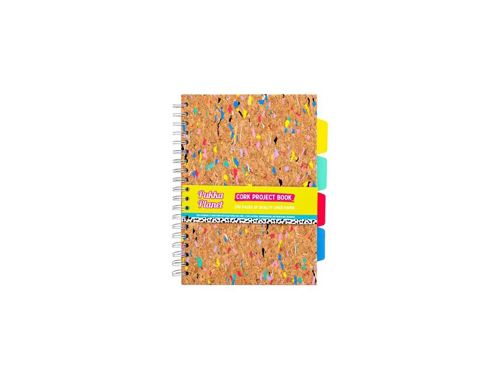 Špirálový zošit, B5, linajkový, s rozraďovačom, 100 listov, PUKKA PADS "Planet Cork Project Book", korkový