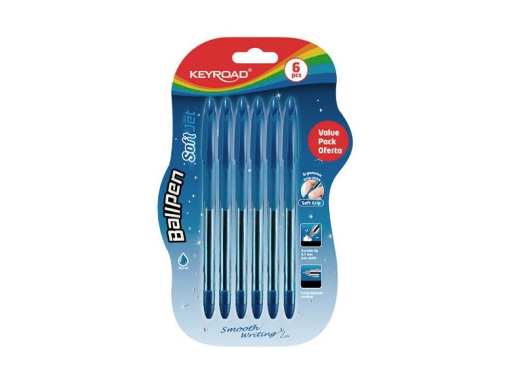 Guľôčkové pero KEYROAD Soft Jet 0,7mm, blister 6 ks, modré