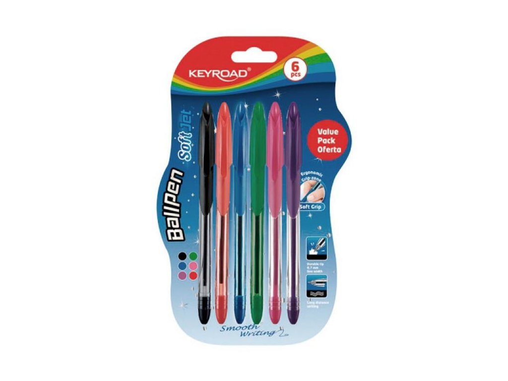 Guľôčkové pero KEYROAD Soft Jet 0,7 mm, blister 6 ks, mix farieb