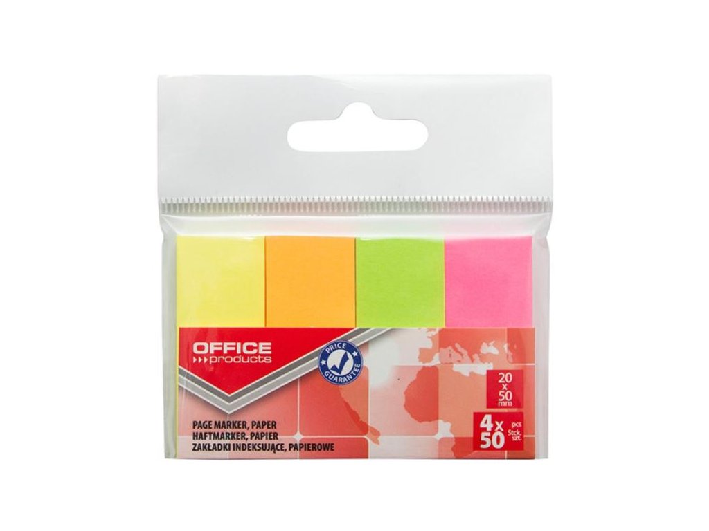 Samolepiace záložky Office Products 20x50mm neon 4x50 lístkov