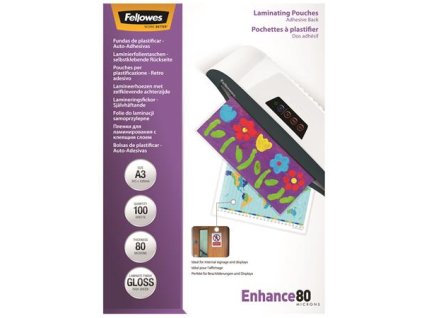Laminovacia fólia, 80 mikr., A3, lesklá, samolepiaca, 100 ks, FELLOWES