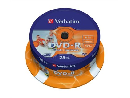 DVD-R disk, potlačiteľný, matný, ID, 4,7GB, 16x, 25 ks, cake box, VERBATIM