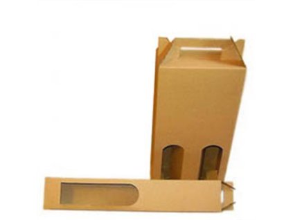 Papierová škatuľa na víno s hladkým uchom, 2 priehradka, prírodná