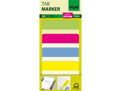 Záložky, spevnené, farebné okraje, 50x38 mm, 4x5 ks, SIGEL, mix farieb