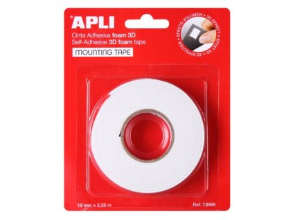 Lepiaca páska, rolka, 3D, obojstranná, pena, APLI, 19 mm x 2,28 m, biela