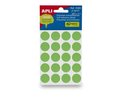 Etikety, okrúhle, priemer:19 mm, ručne popisovateľné, farebné, APLI, zelené, 100 etikiet/bal