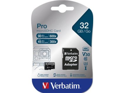 Pamäťová karta, microSDHC, 32 GB, CL10/U3, 90/45 MB/s, s adaptérom, VERBATIM "PRO"