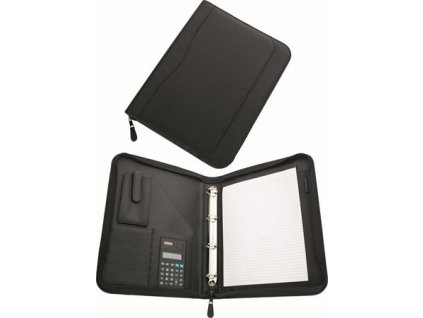 Konferenčná doska, A4, koženka, s krúžkami, s kalkulačkou, čierna