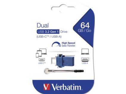 USB kľúč, 64GB, USB 3.2+USB-C adapter, VERBATIM "Dual"