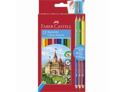Farebné ceruzky, sada, šesťhranné, FABER-CASTELL, 12 rôznych farieb + 3 ks bicolor ceruziek
