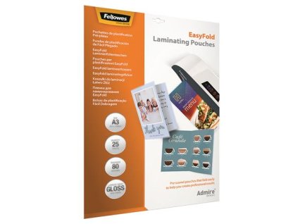 Laminovacia fólia za tepla, 80 mikr., A3, lesklá, skladaná, 25 ks, FELLOWES "Admire Easyfold"