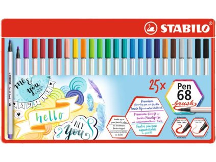 Fixky v tvare štetca, v plechovej krabičke, STABILO "Pen 68 brush", 19 rôznych farieb