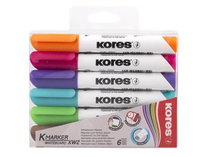 Popisovač na biele a flipchartové tabule, sada, 3-5 mm, zrezaný hrot, KORES "K-Marker XW2", 6 rôznych farieb