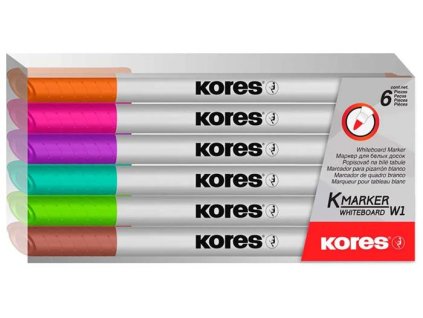 Popisovač na biele a flipchartové tabule, sada, 1-3 mm, kužeľový hrot, KORES "K-Marker W1", 6 rôznych farieb