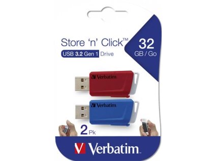 USB kľúč, 2 x 32GB, USB 3.2, 80/25MB/sec, VERBATIM "Store n Click", červená/modrá