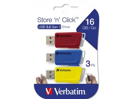 USB kľúč, 3 x 16GB, USB 3.2, 80/25MB/sec, VERBATIM "Store n Click", červená/modrá/žltá